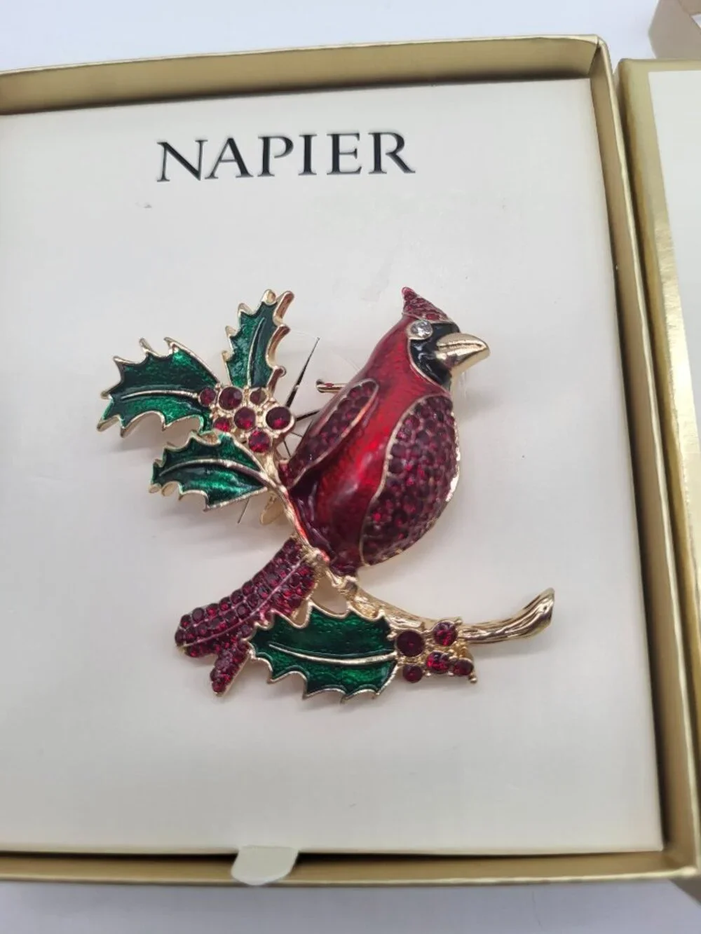 Napier Cardinal Holly Branch Holiday Christmas Rememberance Pin Brooch Red Gold